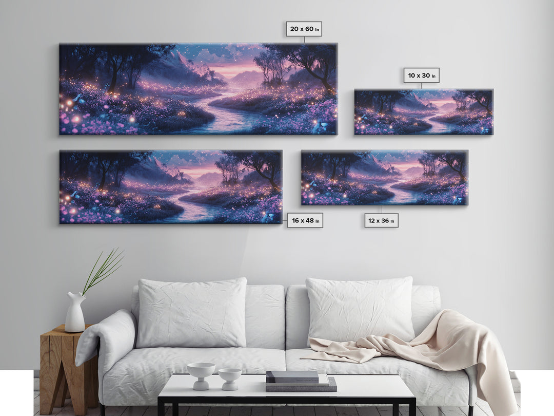 Glowing Purple Meadow Stream Wall Art, Twilight Firefly Landscape Canvas Print, Dreamy Forest Decor, Magical Nature Art Gift