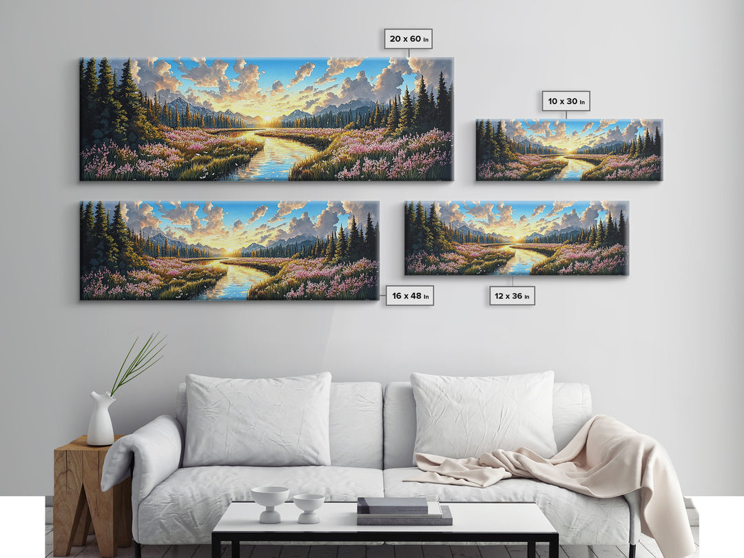 Alpine Mountain Meadow Creek Wall Art, Sunrise Wildflower Landscape Canvas Print, Cabin Decor, Living Room Wall Decor, Nature Art