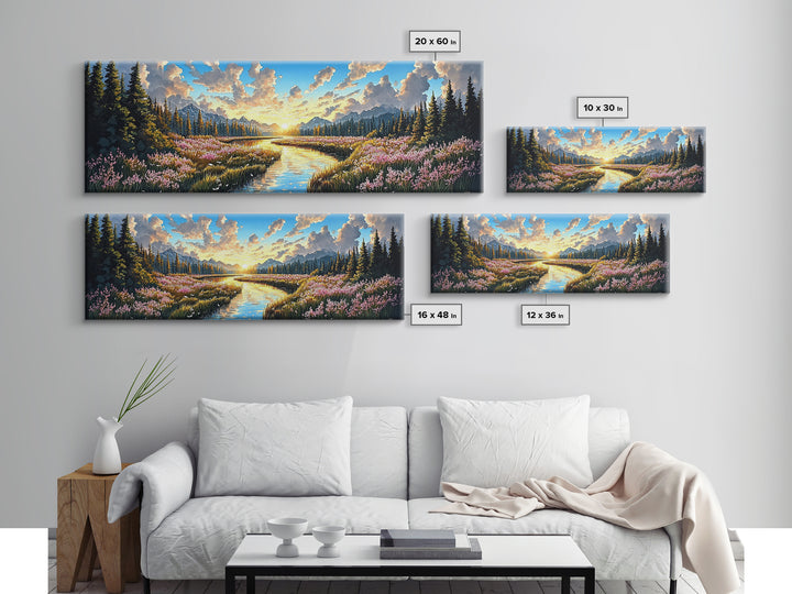 Alpine Mountain Meadow Creek Wall Art, Sunrise Wildflower Landscape Canvas Print, Cabin Decor, Living Room Wall Decor, Nature Art