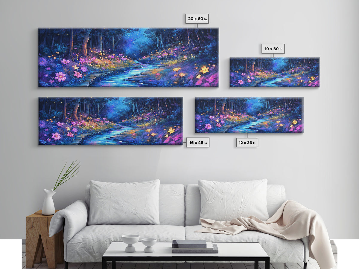 Moonlit Blue Forest Stream Wall Art, Glowing Wildflower Landscape Canvas Print, Fairy Garden Decor, Magical Nature Art Gift
