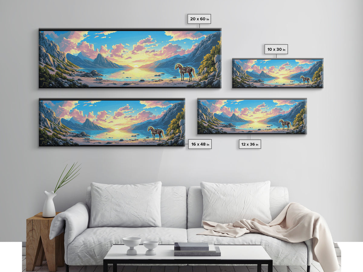 Pastel Mountain Cove With Zebra Wall Art, Fantasy Coastal Landscape Canvas Print, Surreal Beach Decor, Colorful Nature Art
