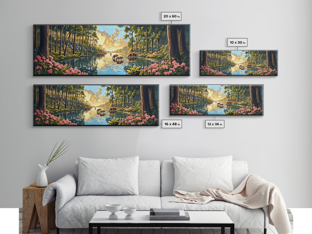 Sunlit Forest River With Wild Horses Wall Art, Panoramic Canvas Print, Nature Landscape, Living Room Decor, Housewarming Gift
