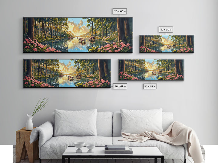 Sunlit Forest River With Wild Horses Wall Art, Panoramic Canvas Print, Nature Landscape, Living Room Decor, Housewarming Gift