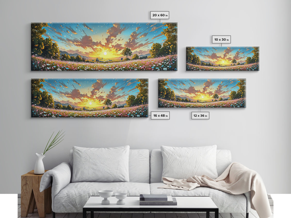 Golden Sunrise Wildflower Meadow Wall Art, Wide Horizontal Canvas Print, Landscape Art, Above Sofa Decor, Modern Home Decor
