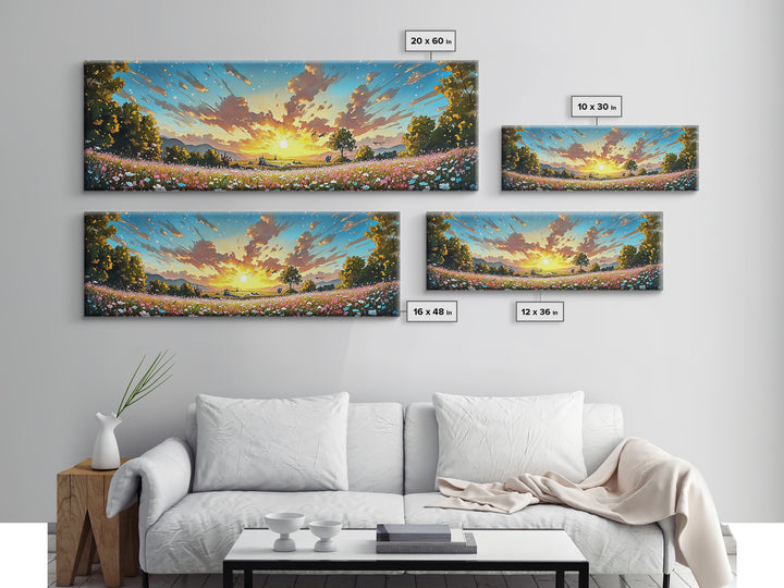 Golden Sunrise Wildflower Meadow Wall Art, Wide Horizontal Canvas Print, Landscape Art, Above Sofa Decor, Modern Home Decor