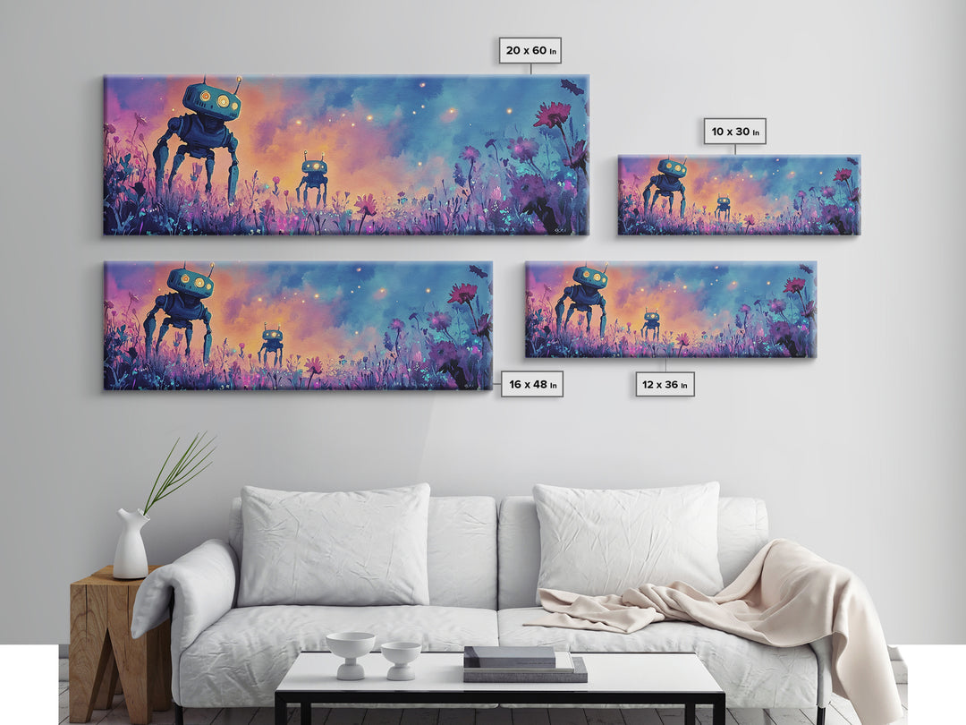 Cute Robots In Pastel Wildflower Field Wall Art, Whimsical Canvas Print, Sci Fi Decor, Kids Room Art, Unique Gift, Nursery Decor