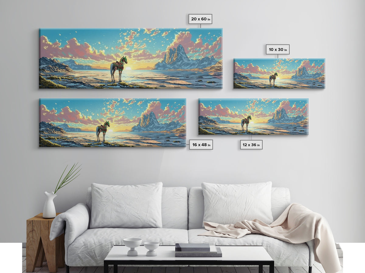 Solitary Horse At Alpine Sunrise Canvas Print, Panoramic Mountain Lake Wall Art, Western Decor, Living Room Decor, Home Decor