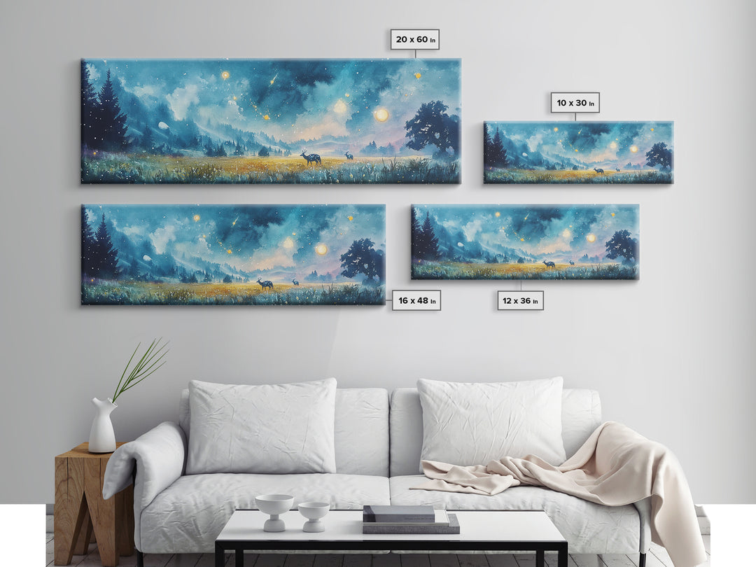 Moonlit Blue Meadow With Deer And Fireflies Wall Art, Dreamy Landscape Canvas Print, Celestial Decor, Calming Bedroom Decor