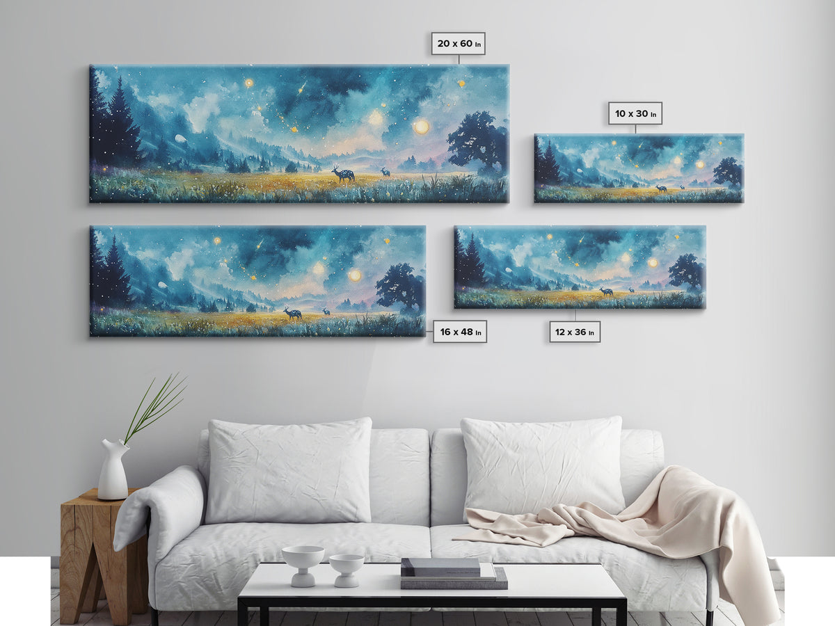 Moonlit Blue Meadow With Deer And Fireflies Wall Art, Dreamy Landscape Canvas Print, Celestial Decor, Calming Bedroom Decor