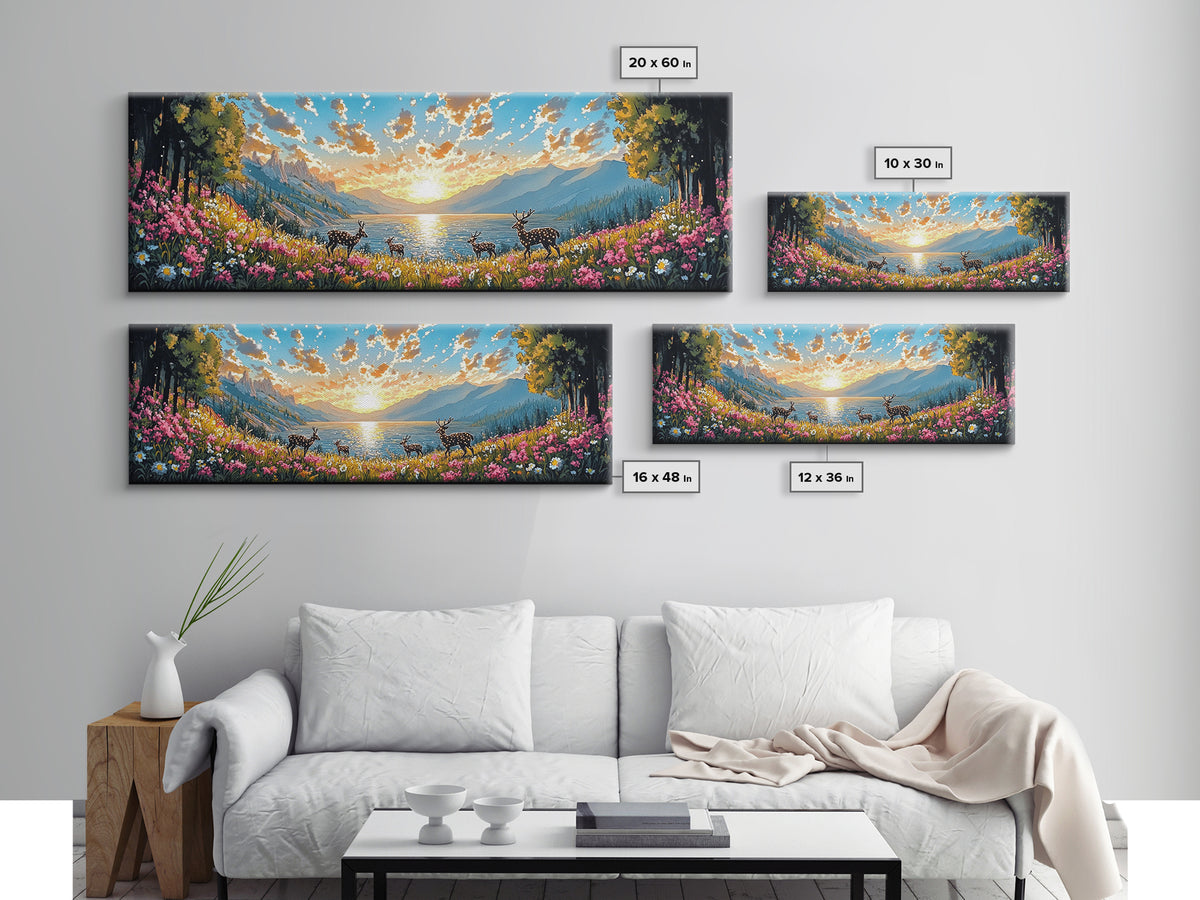 Deer Herd At Golden Alpine Lake Sunrise Wall Art, Wildflower Mountain Landscape Canvas Print, Large Living Room Decor, Housewarming Gift