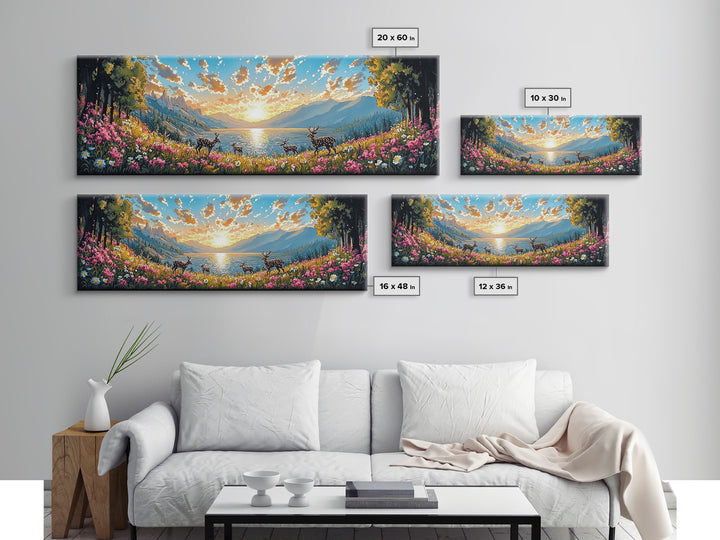 Deer Herd At Golden Alpine Lake Sunrise Wall Art, Wildflower Mountain Landscape Canvas Print, Large Living Room Decor, Housewarming Gift