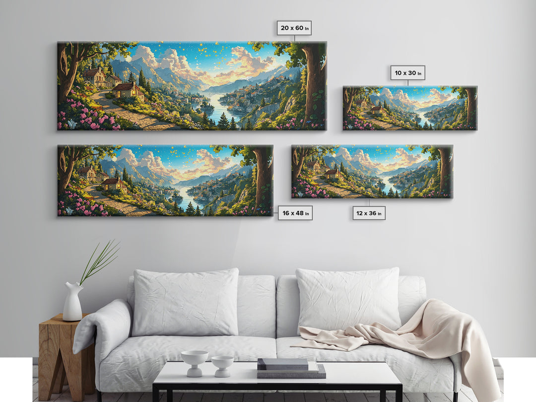 Sunlit Lakeside Village And Mountain Garden Canvas Print, Italian Landscape Wall Art, Travel Poster, Elegant Home Decor, Fine Art Print