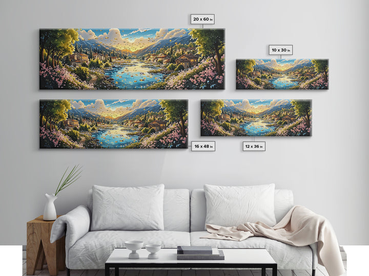 Sunny Mountain River Village With Wildflowers Wall Art, Panoramic Landscape Canvas Print, Rustic Home Decor, Above Sofa Art