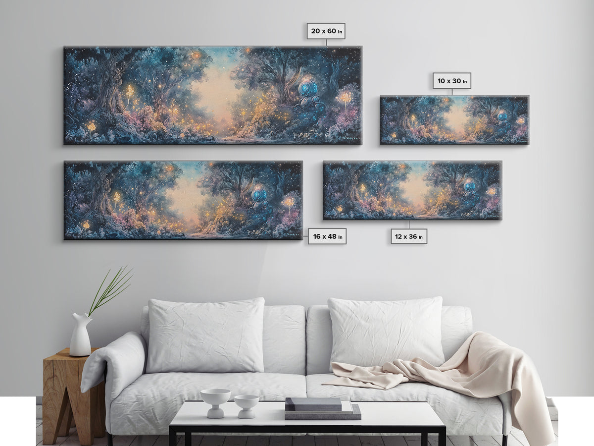 Enchanted Blue Forest With Glowing Fireflies Wall Art, Fantasy Landscape Canvas Print, Magical Woodland Living Room Decor