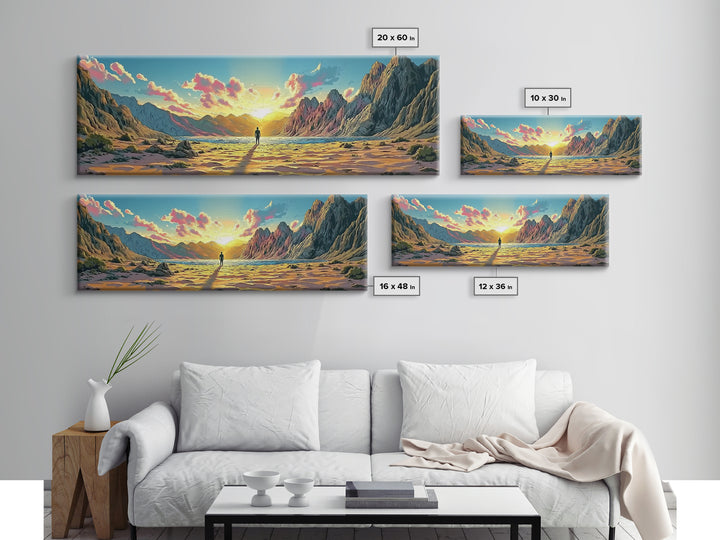 Radiant Mountain Sunrise Valley With Lone Wanderer Wall Art, Panoramic Landscape Canvas Print, Large Modern Living Room Decor