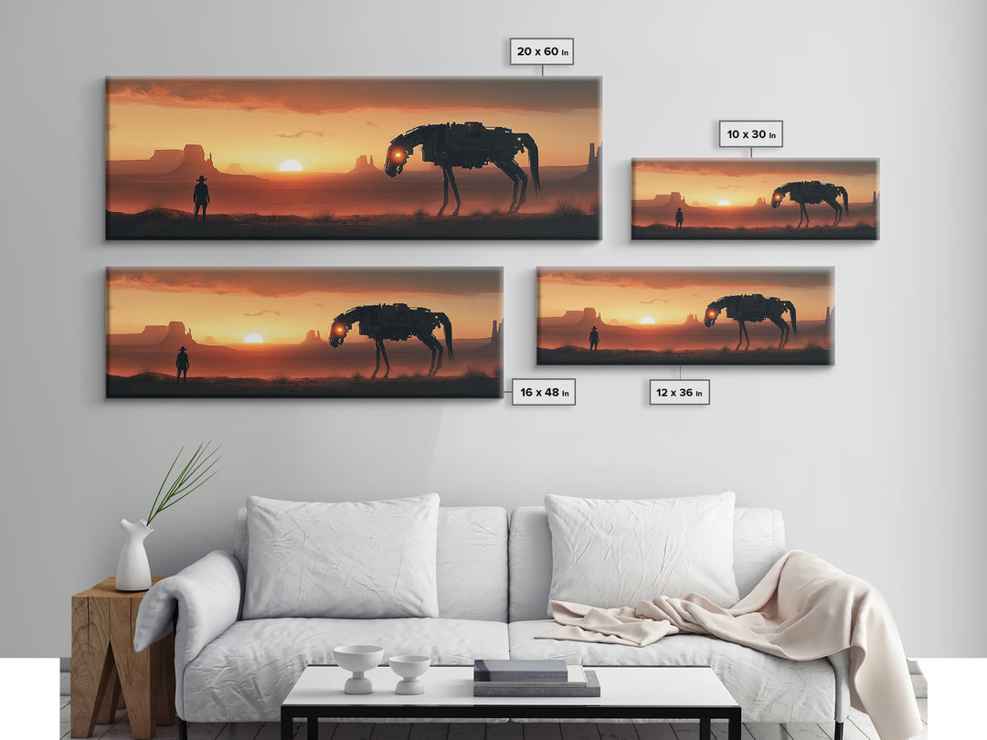 Cyberpunk Cowboy And Mechanical Horse At Sunset Wall Art, Sci Fi Western Canvas Print, Desert Landscape Man Cave Office Decor