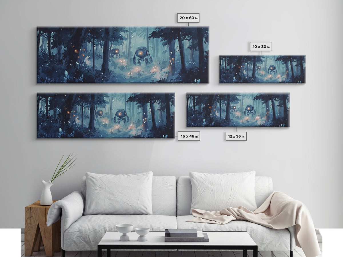 Misty Blue Forest Robots With Glowing Lantern Eyes Wall Art, Sci Fi Fantasy Canvas Print, Moody Woodland Home Office Decor
