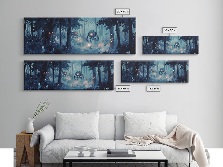 Misty Blue Forest Robots With Glowing Lantern Eyes Wall Art, Sci Fi Fantasy Canvas Print, Moody Woodland Home Office Decor