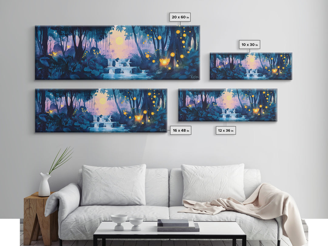 Moonlit Blue Jungle Waterfall With Glowing Fireflies Wall Art, Fantasy Watercolor Canvas Print, Whimsical Bathroom Decor