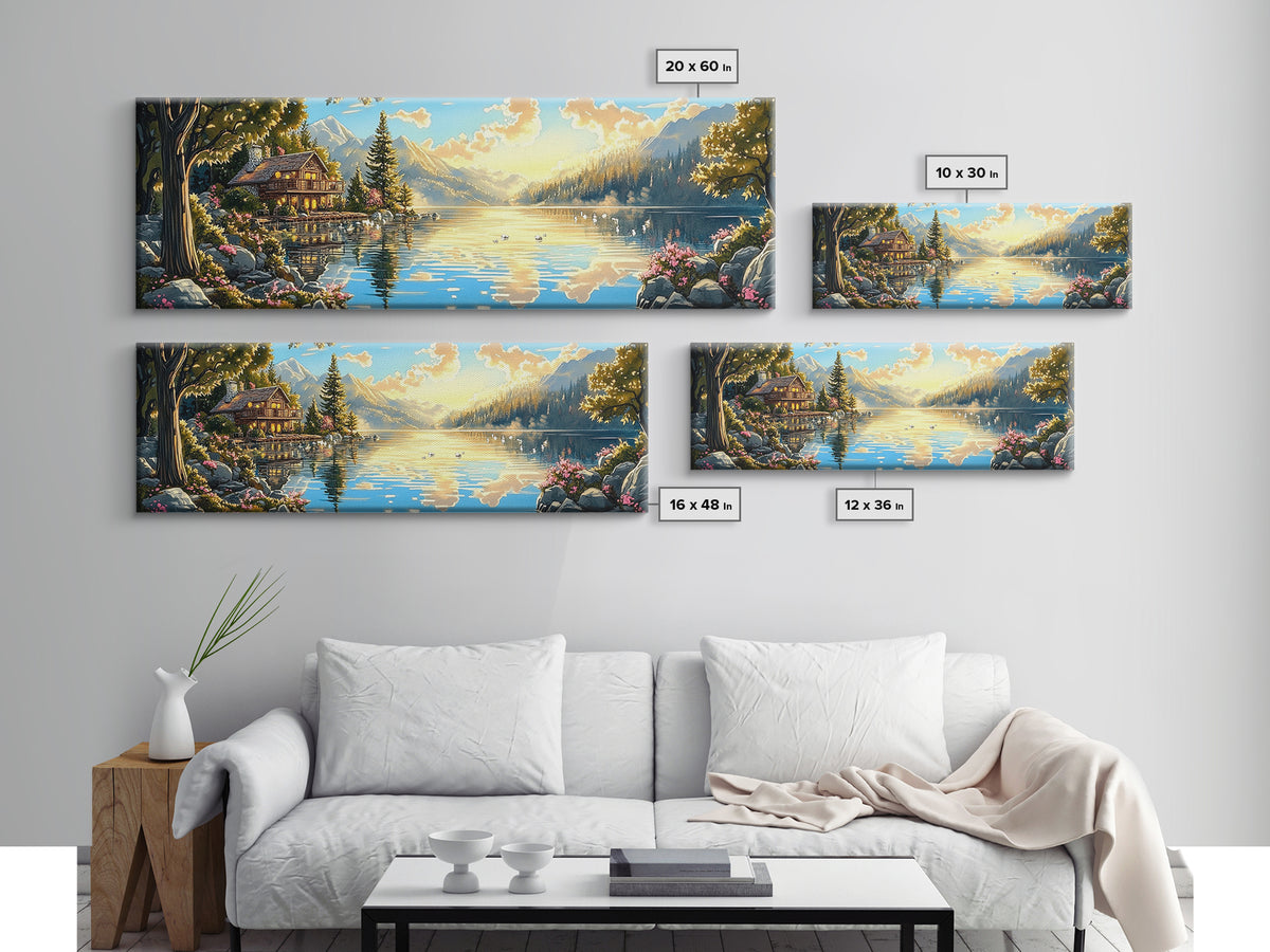 Alpine Lake Cabin With Mountain Reflections Wall Art, Panoramic Landscape Canvas Print, Rustic Lodge Home Living Room Decor