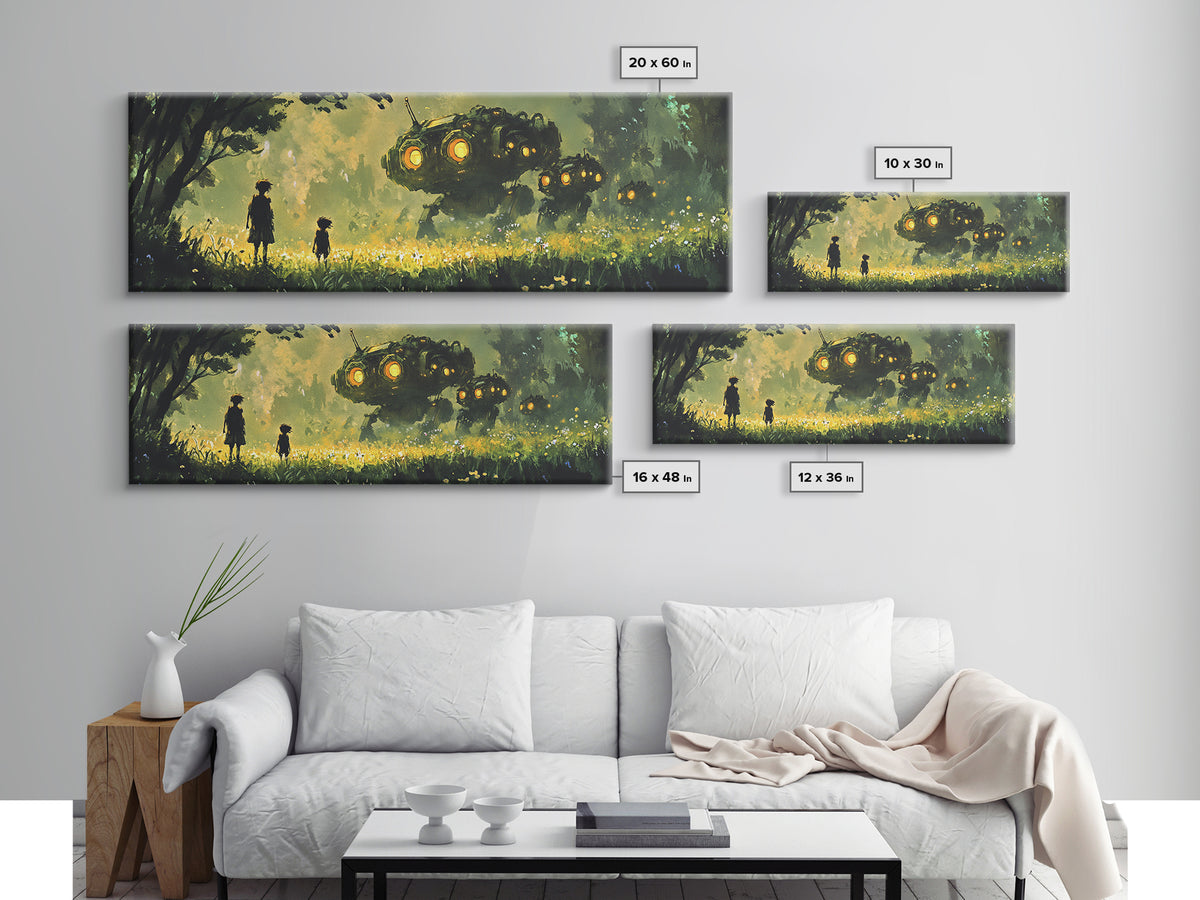 Children In Glowing Meadow Watching Flying Robots Wall Art, Sci Fi Fantasy Canvas Print, Whimsical Futuristic Home Decor