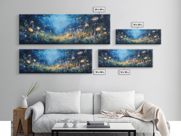 Glowing Firefly Wildflower Night Meadow Canvas Print, Whimsical Wall Art, Moody Botanical Art, Dark Blue Wall Decor, Bedroom Decor