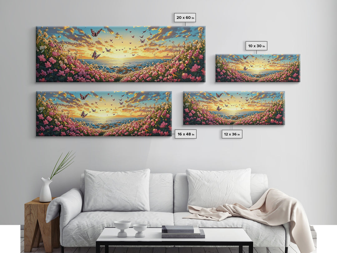 Butterfly Ocean Sunset Pink Flower Canvas Print, Coastal Wall Art, Romantic Bedroom Art, Beach House Decor, Gift For Her