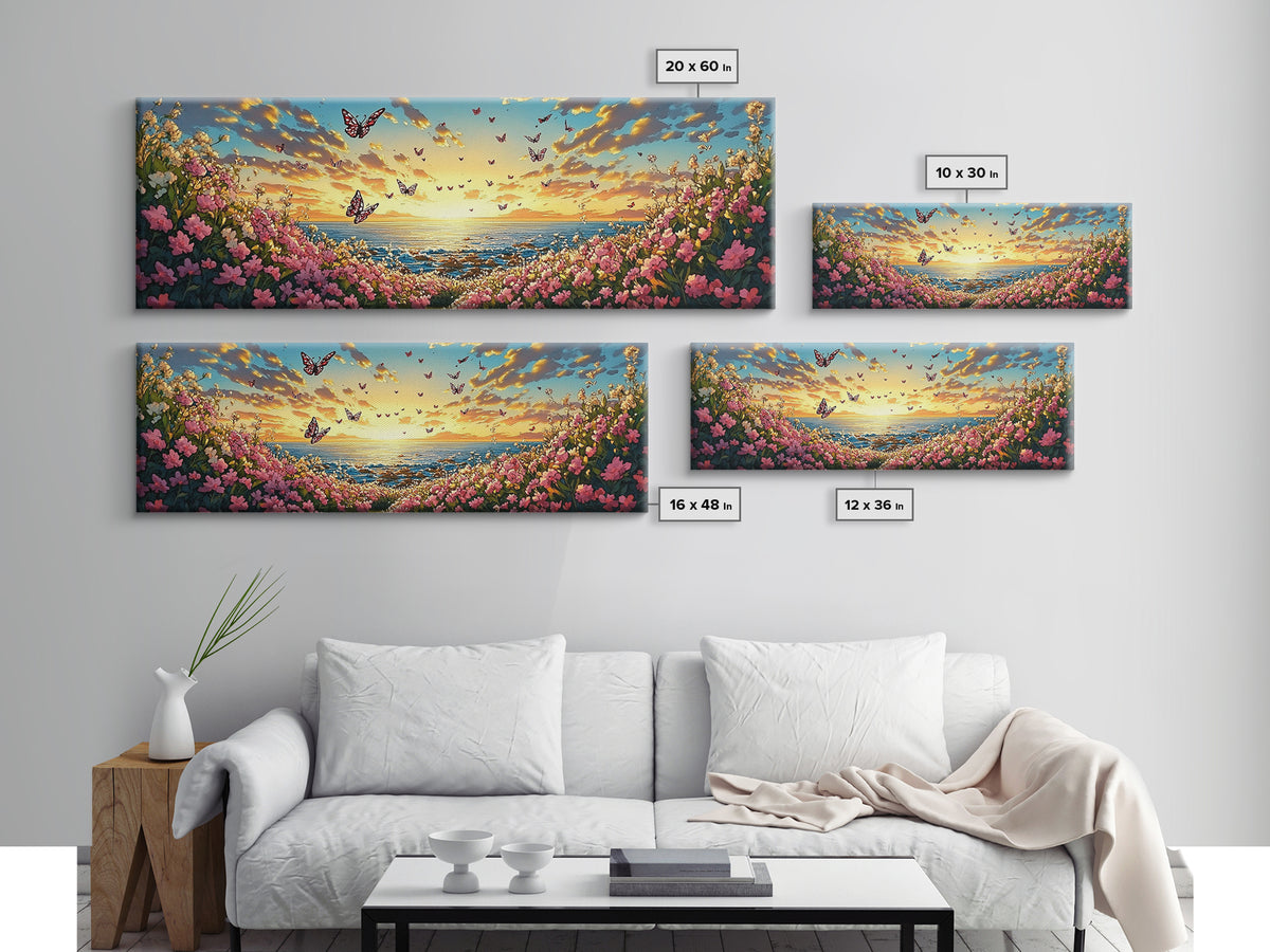 Butterfly Ocean Sunset Pink Flower Canvas Print, Coastal Wall Art, Romantic Bedroom Art, Beach House Decor, Gift For Her