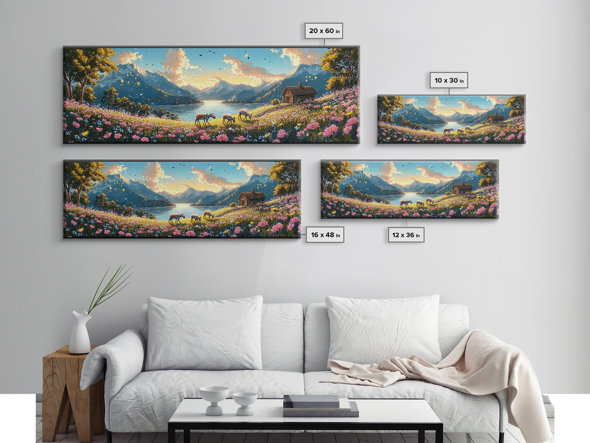Alpine Lake With Horses And Flower Meadow Wall Art, Mountain Landscape Canvas Print, Rustic Cabin Decor, Living Room Art