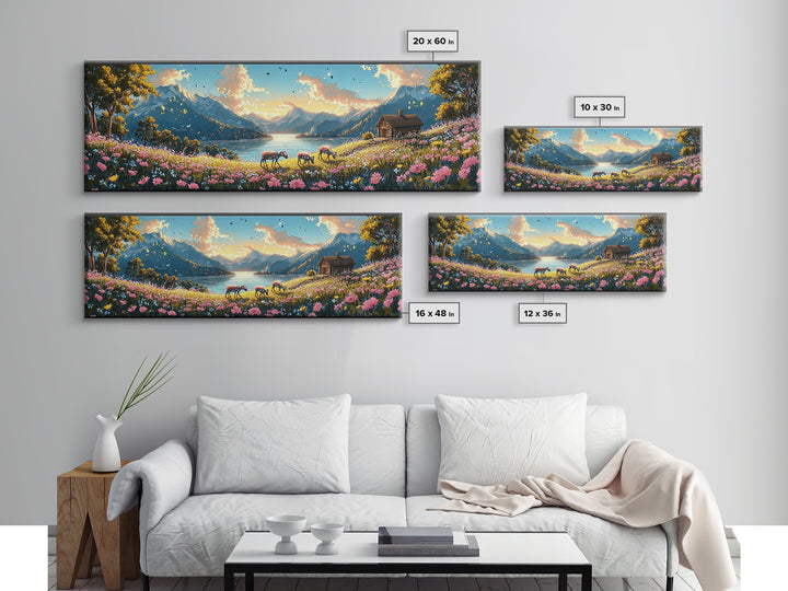 Alpine Lake With Horses And Flower Meadow Wall Art, Mountain Landscape Canvas Print, Rustic Cabin Decor, Living Room Art
