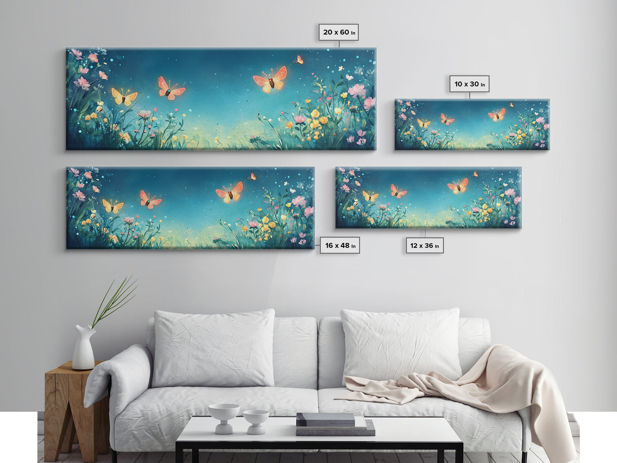 Butterflies Over Teal Wildflower Garden Wall Art, Whimsical Floral Canvas Print, Nursery Decor, Bedroom Wall Decor Gift