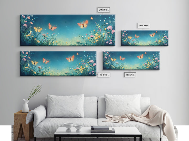 Butterflies Over Teal Wildflower Garden Wall Art, Whimsical Floral Canvas Print, Nursery Decor, Bedroom Wall Decor Gift