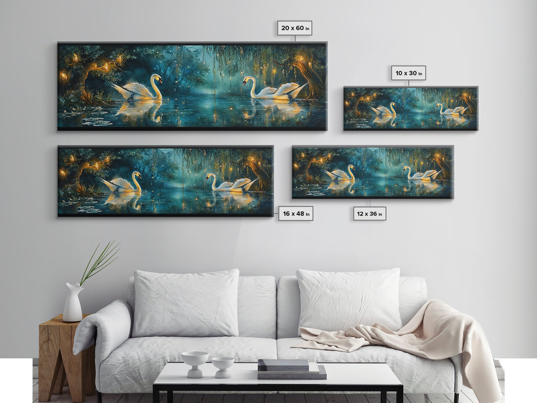 Moonlit Swans On Enchanted Pond Wall Art, Dark Botanical Framed Canvas Print, Romantic Bedroom Decor, Nature Wall Art Gift