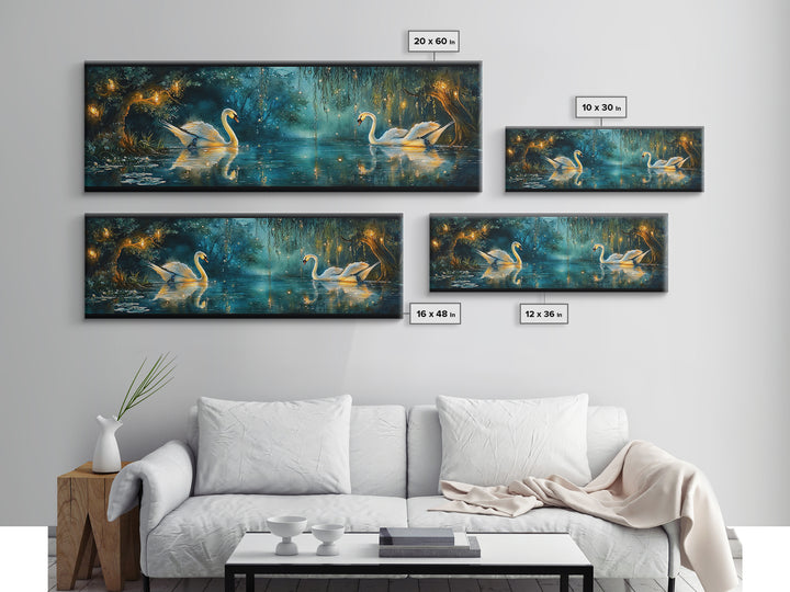 Moonlit Swans On Enchanted Pond Wall Art, Dark Botanical Framed Canvas Print, Romantic Bedroom Decor, Nature Wall Art Gift