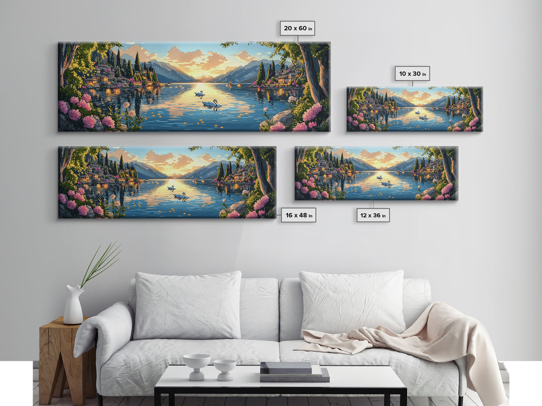 Italian Lake Sunset With Swans Framed Canvas Print, Romantic Coastal Wall Art, Mediterranean Decor, Large Living Room Art