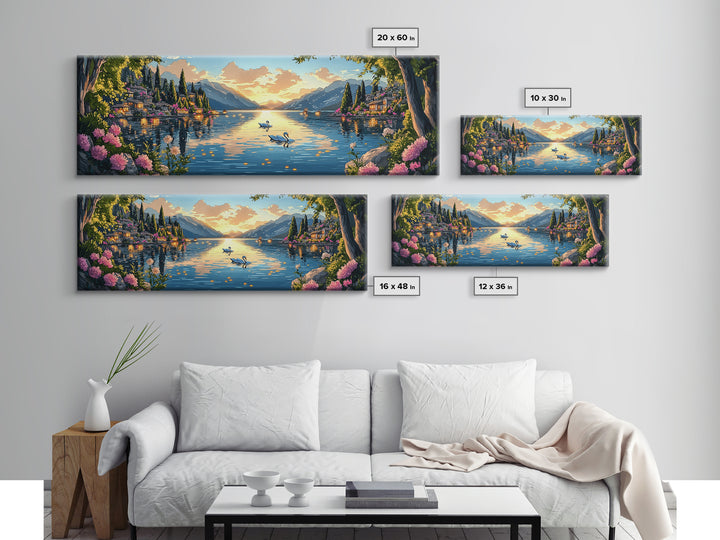 Italian Lake Sunset With Swans Framed Canvas Print, Romantic Coastal Wall Art, Mediterranean Decor, Large Living Room Art