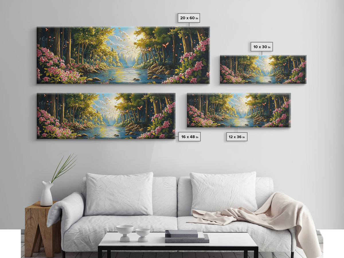 Enchanted Forest River With Flowers Canvas Print, Whimsical Wall Art, Nature Landscape Home Decor, Butterfly Gift For Her