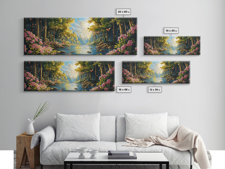 Enchanted Forest River With Flowers Canvas Print, Whimsical Wall Art, Nature Landscape Home Decor, Butterfly Gift For Her