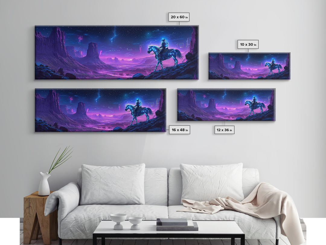 Neon Cyberpunk Cowboy In Desert Framed Canvas Print, Sci Fi Wall Art, Futuristic Western Decor, Gaming Room Gift For Him