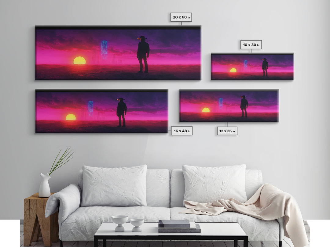 Neon Cowboy At Magenta Sunset Canvas Print, Cyberpunk Western Landscape, Futuristic Wall Decor, Gaming Room Art Gift For Him