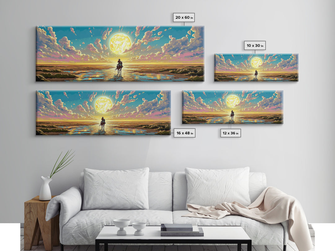 Solitary Rider Beneath Golden Moon Wall Art, Panoramic Western Landscape Print, Celestial Desert Decor, Above Bed Art Gift