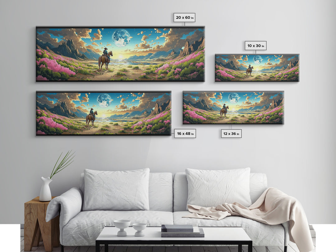Cowboy On Horse In Moonlit Flower Valley Framed Canvas Print, Western Mountain Landscape, Pink Floral Wall Decor Gift For Her