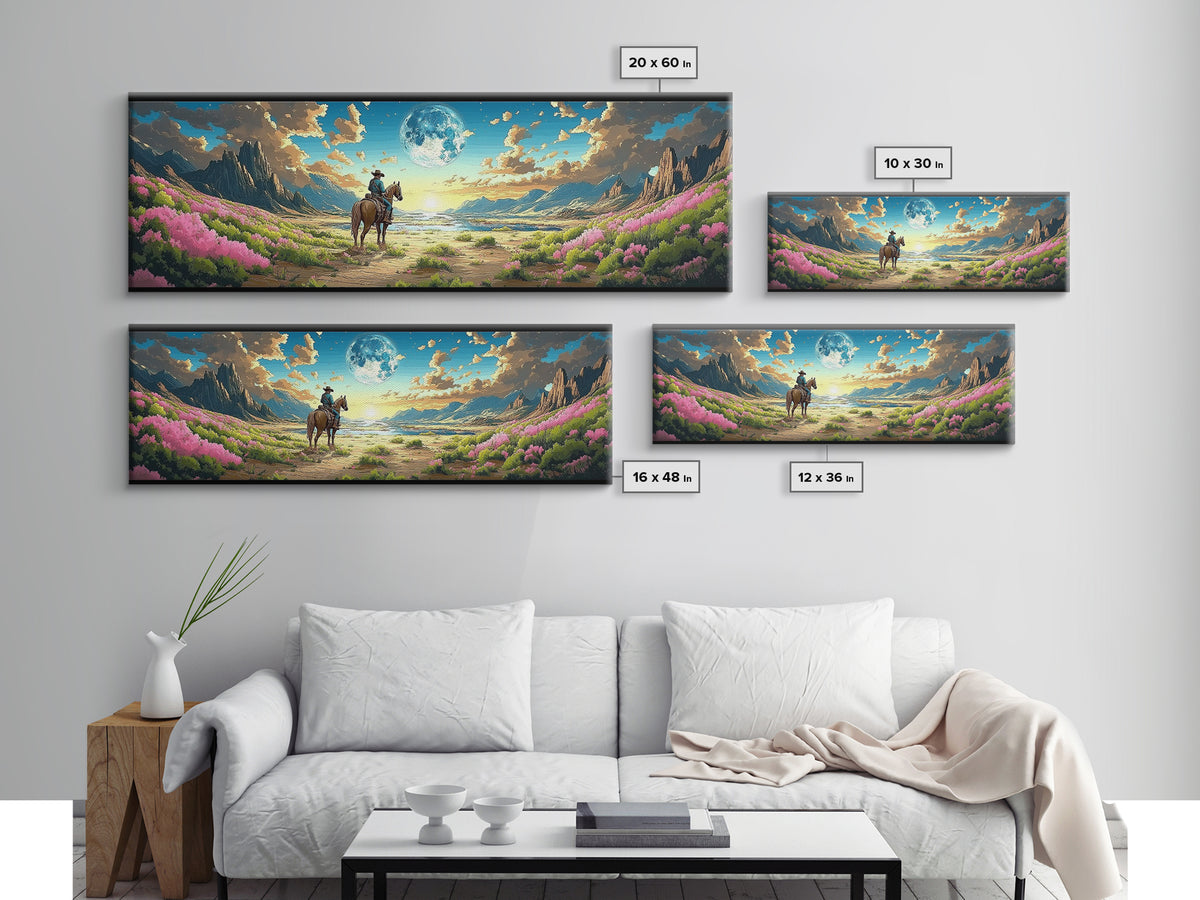 Cowboy On Horse In Moonlit Flower Valley Framed Canvas Print, Western Mountain Landscape, Pink Floral Wall Decor Gift For Her