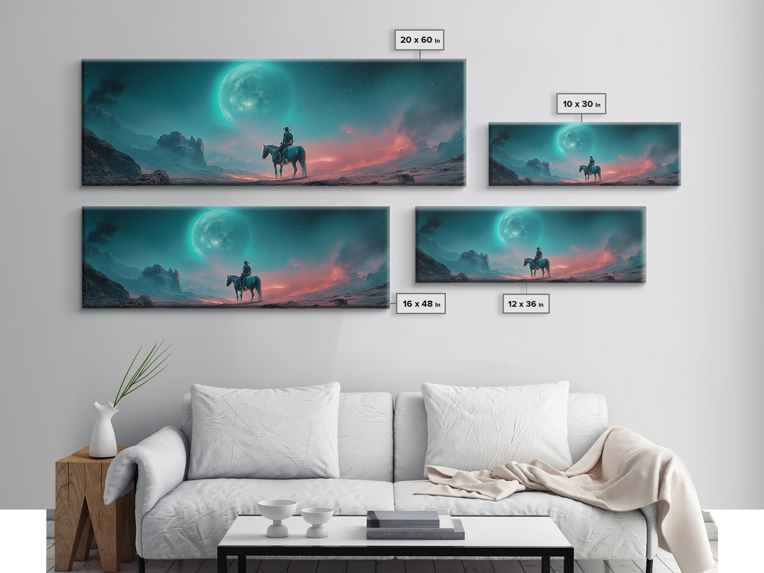 Moonlit Lone Rider In Teal Desert Wall Art, Fantasy Western Landscape Print, Moody Celestial Decor, Horse Lover Gift For Him