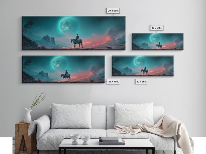 Moonlit Lone Rider In Teal Desert Wall Art, Fantasy Western Landscape Print, Moody Celestial Decor, Horse Lover Gift For Him