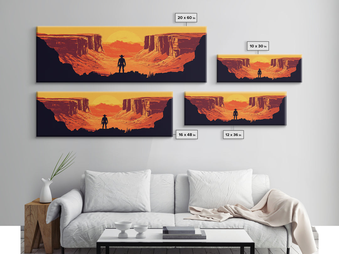Cowboy Silhouette In Orange Desert Canyon Canvas Print, Retro Western Landscape, Southwestern Wall Decor, Man Cave Art Gift
