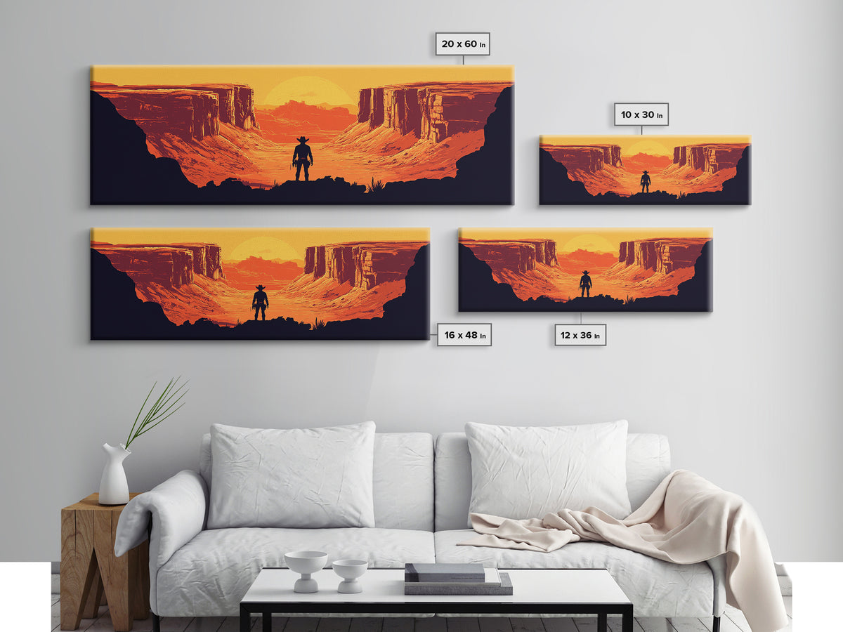 Cowboy Silhouette In Orange Desert Canyon Canvas Print, Retro Western Landscape, Southwestern Wall Decor, Man Cave Art Gift
