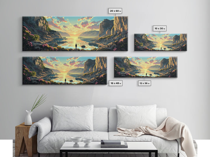 Lone Traveler At Golden Coastal Cliffs Framed Canvas Print, Serene Ocean Landscape, Panoramic Wall Decor For Living Room