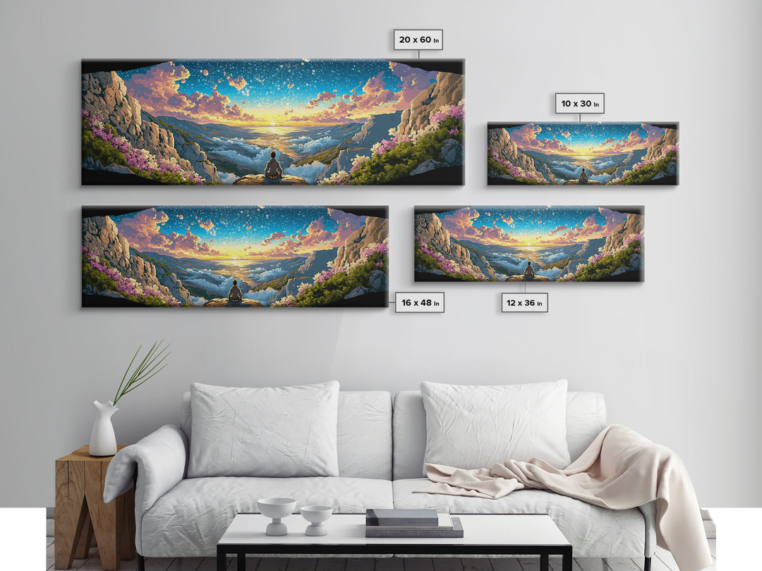Meditating Figure Over Sunrise Mountain Valley Wall Art, Panoramic Fantasy Landscape Canvas Print For Living Room Decor Gift