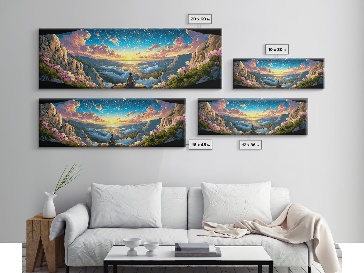 Meditating Figure Over Sunrise Mountain Valley Wall Art, Panoramic Fantasy Landscape Canvas Print For Living Room Decor Gift